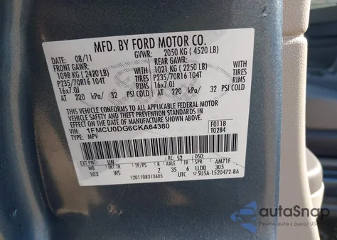 2012 Ford Escape Xlt z USA, uszkodzony, nr VIN 1FMCU0DG6CKA64380